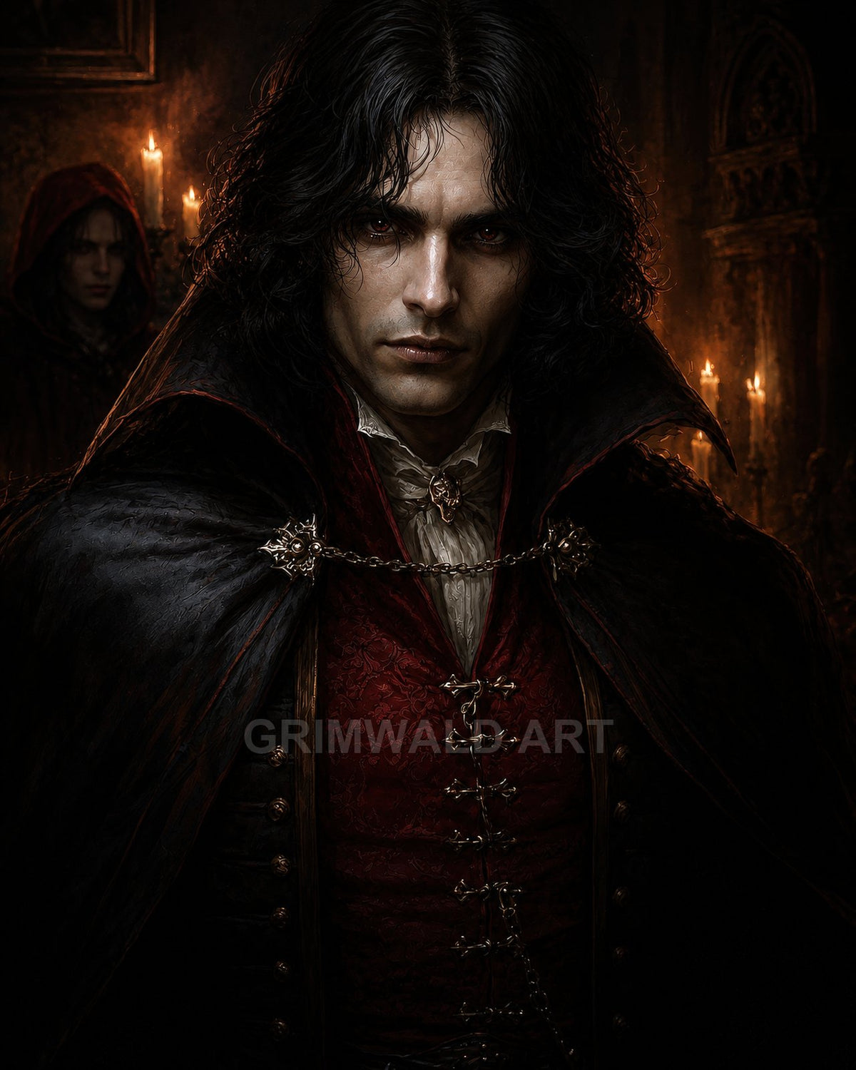 Dark-haired male vampire in ornate red waistcoat and black cloak, candlelit gothic chamber behind, red eyes staring, hooded figure lurking.