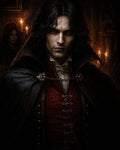 GRID THUMBNAIL — Dark-haired male vampire in ornate red waistcoat and black cloak, candlelit gothic chamber behind, red eyes staring, hooded figure lurking.