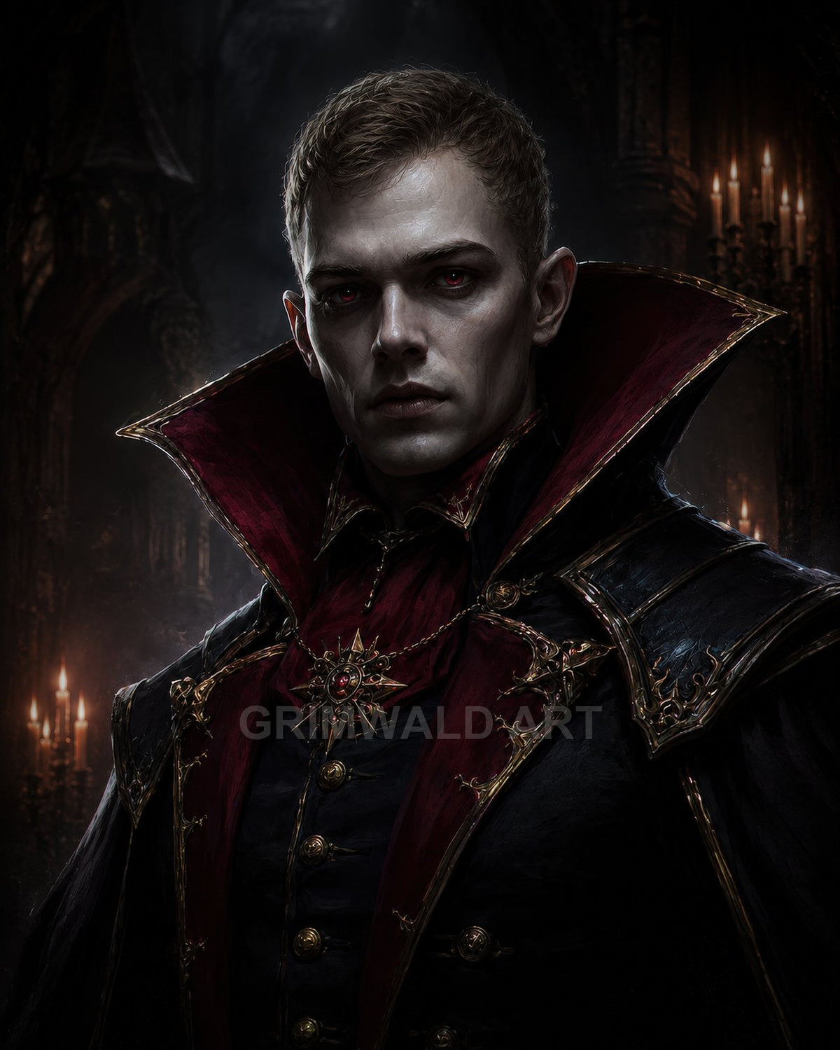 Pale male vampire with red eyes in ornate black and crimson high-collared attire, standing before gothic candles inside a dark cathedral.
