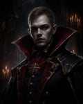 GRID THUMBNAIL — Pale male vampire with red eyes in ornate black and crimson high-collared attire, standing before gothic candles inside a dark cathedral.