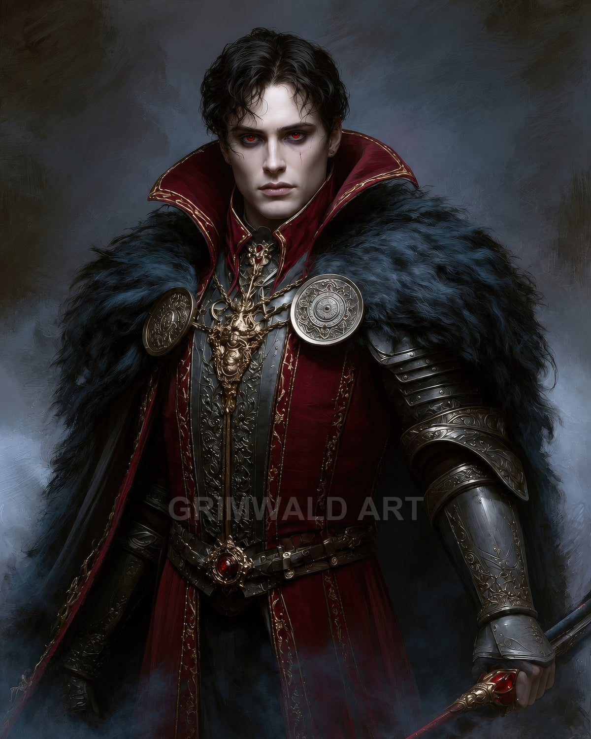 A pale, red-eyed male vampire in ornate red and black armour and a fur cloak holds a jewelled sword against a smoky, dark background.