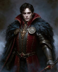 GRID THUMBNAIL — A pale, red-eyed male vampire in ornate red and black armour and a fur cloak holds a jewelled sword against a smoky, dark background.