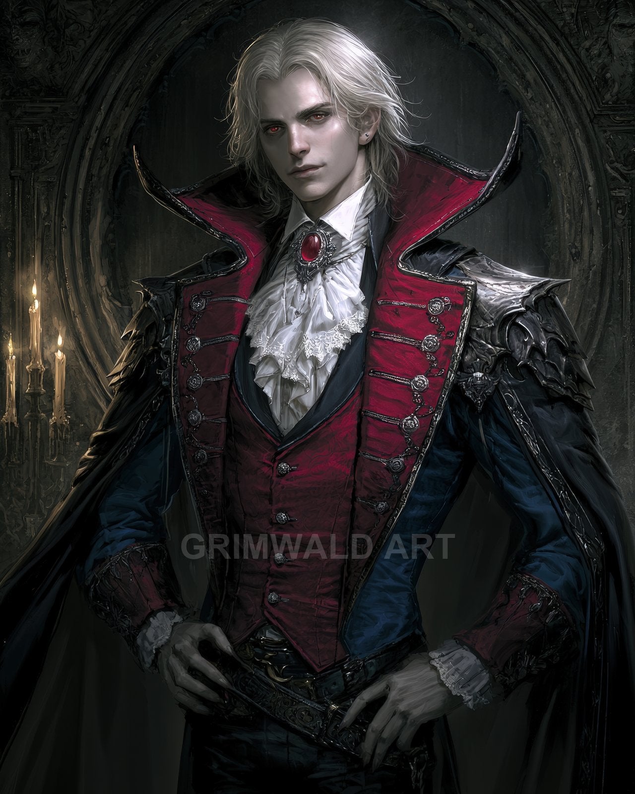 Pale male vampire with red eyes and ornate red-lined cape stands in a candlelit gothic interior, dressed in ruffled shirt and armour-trimmed coat.