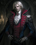 GRID THUMBNAIL — Pale male vampire with red eyes and ornate red-lined cape stands in a candlelit gothic interior, dressed in ruffled shirt and armour-trimmed coat.