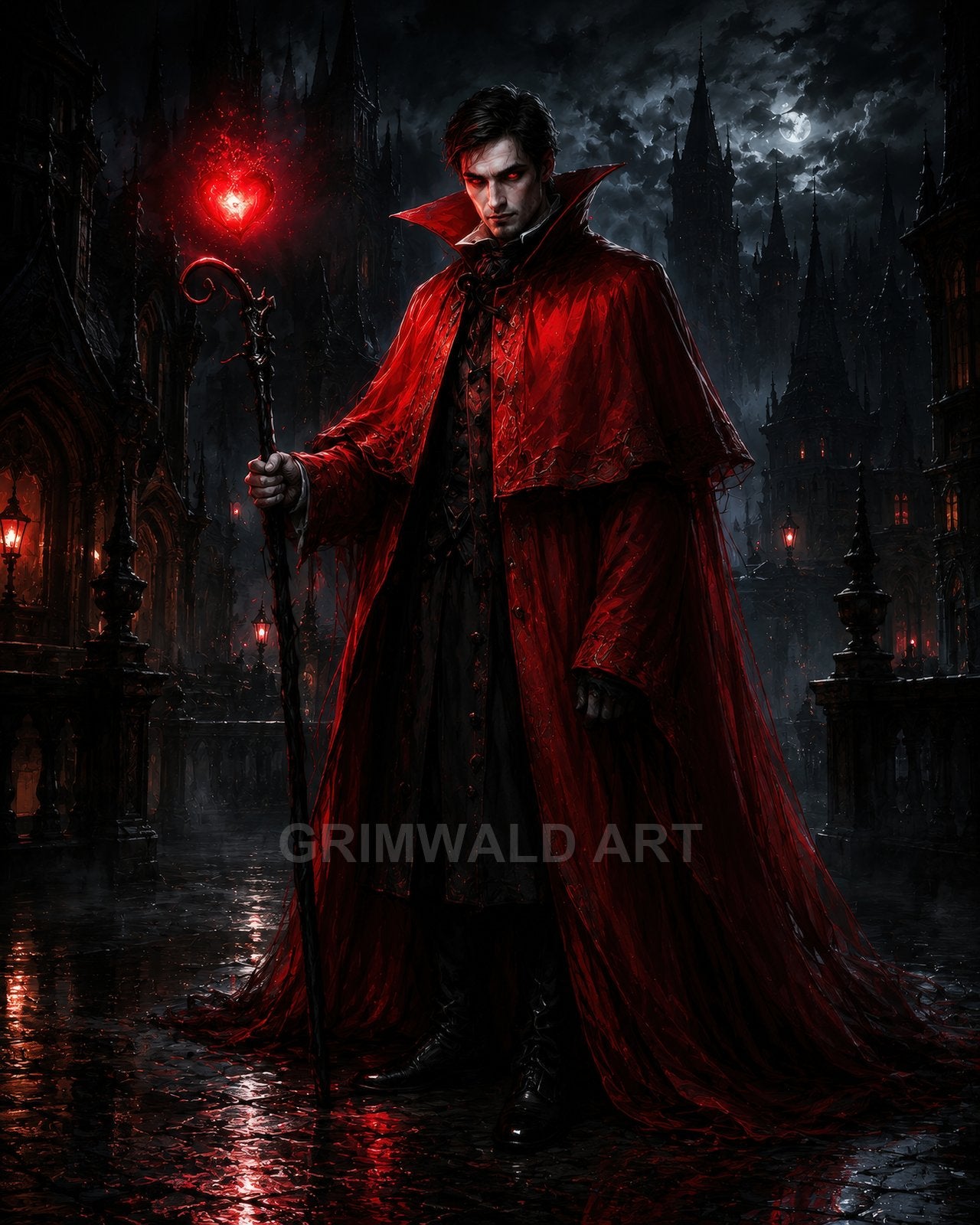 A pale male vampire in a flowing crimson cloak holds a glowing red staff in a rain-slicked gothic city at night under the moon.