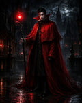 GRID THUMBNAIL — A pale male vampire in a flowing crimson cloak holds a glowing red staff in a rain-slicked gothic city at night under the moon.