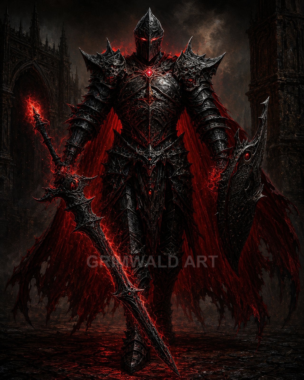 Armoured dark knight with glowing red sword and shield standing before gothic ruins, tattered crimson wings and embers lighting a night scene.