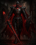 GRID THUMBNAIL — Armoured dark knight with glowing red sword and shield standing before gothic ruins, tattered crimson wings and embers lighting a night scene.