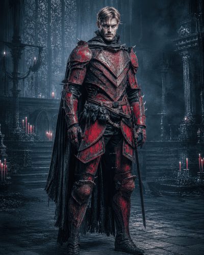 GRID THUMBNAIL — A stern male knight in ornate crimson armour and black cloak stands in a candlelit gothic cathedral, gripping a longsword amid drifting smoke.