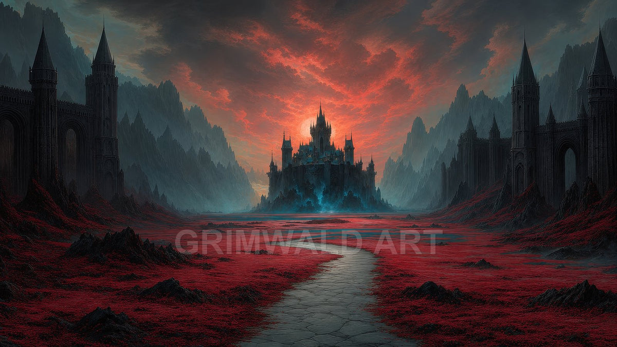 A dark gothic castle rises amid jagged mountains, approached by a winding stone path across a blood-red wasteland beneath a fiery sunset sky.