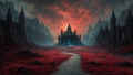 GRID THUMBNAIL — A dark gothic castle rises amid jagged mountains, approached by a winding stone path across a blood-red wasteland beneath a fiery sunset sky.