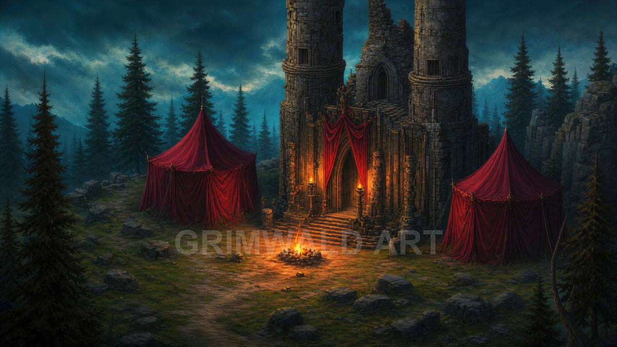 A moody forest camp around a torchlit stone keep, with two red pavilion tents and a central campfire under a dark twilight sky.