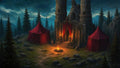 GRID THUMBNAIL — A moody forest camp around a torchlit stone keep, with two red pavilion tents and a central campfire under a dark twilight sky.