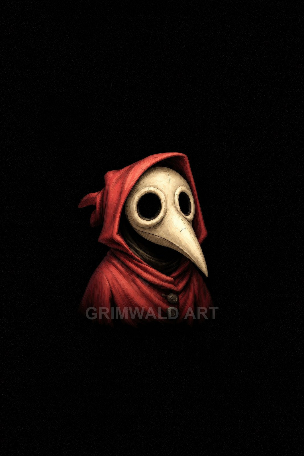 Portrait of a plague doctor in a red hood with a beaked mask and round lenses, isolated on a black background with moody lighting.