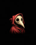 GRID THUMBNAIL — Portrait of a plague doctor in a red hood with a beaked mask and round lenses, isolated on a black background with moody lighting.