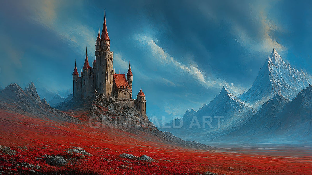 A tall stone castle with red spires rises above rocky outcrops amid vast crimson grasslands, framed by jagged snow-tipped mountains under a bright blue sky.