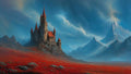 GRID THUMBNAIL — A tall stone castle with red spires rises above rocky outcrops amid vast crimson grasslands, framed by jagged snow-tipped mountains under a bright blue sky.