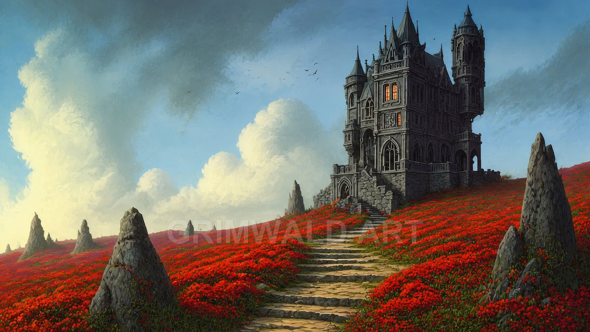A gothic stone castle crowns a hill above a red poppy field, reached by a worn stone stairway under a bright blue, cloud-filled sky.