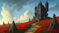 GRID THUMBNAIL — A gothic stone castle crowns a hill above a red poppy field, reached by a worn stone stairway under a bright blue, cloud-filled sky.