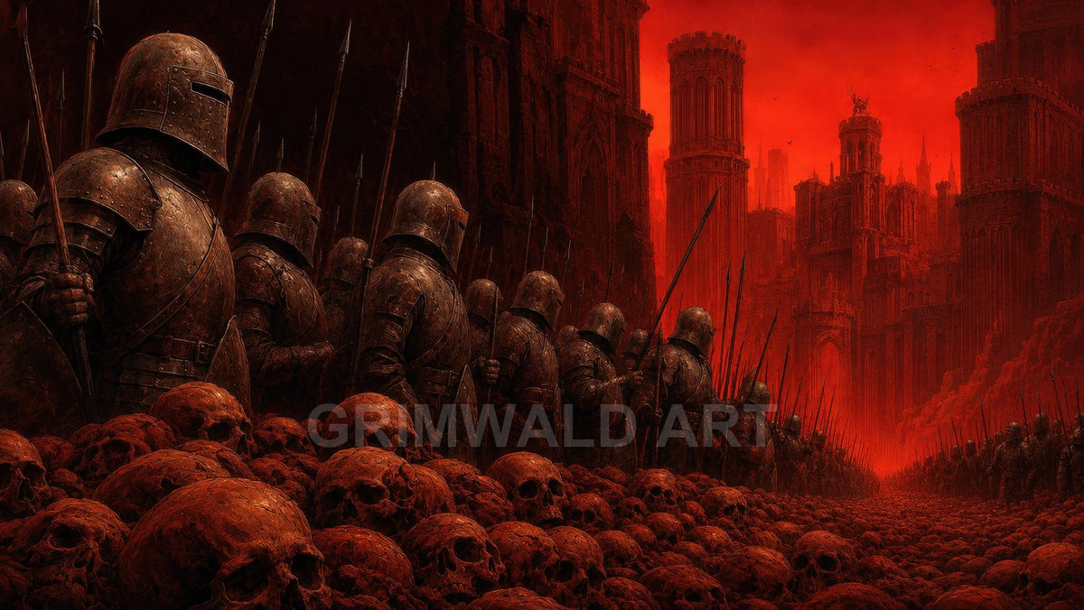 A phalanx of armoured knights marches through towering gothic citadels under a blood-red sky, along a roadway carpeted with skulls.