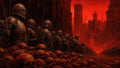 GRID THUMBNAIL — A phalanx of armoured knights marches through towering gothic citadels under a blood-red sky, along a roadway carpeted with skulls.