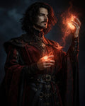 GRID THUMBNAIL — A dark-haired male sorcerer in ornate crimson and black robes conjures fiery magic in both hands against a moody, shadowed backdrop.