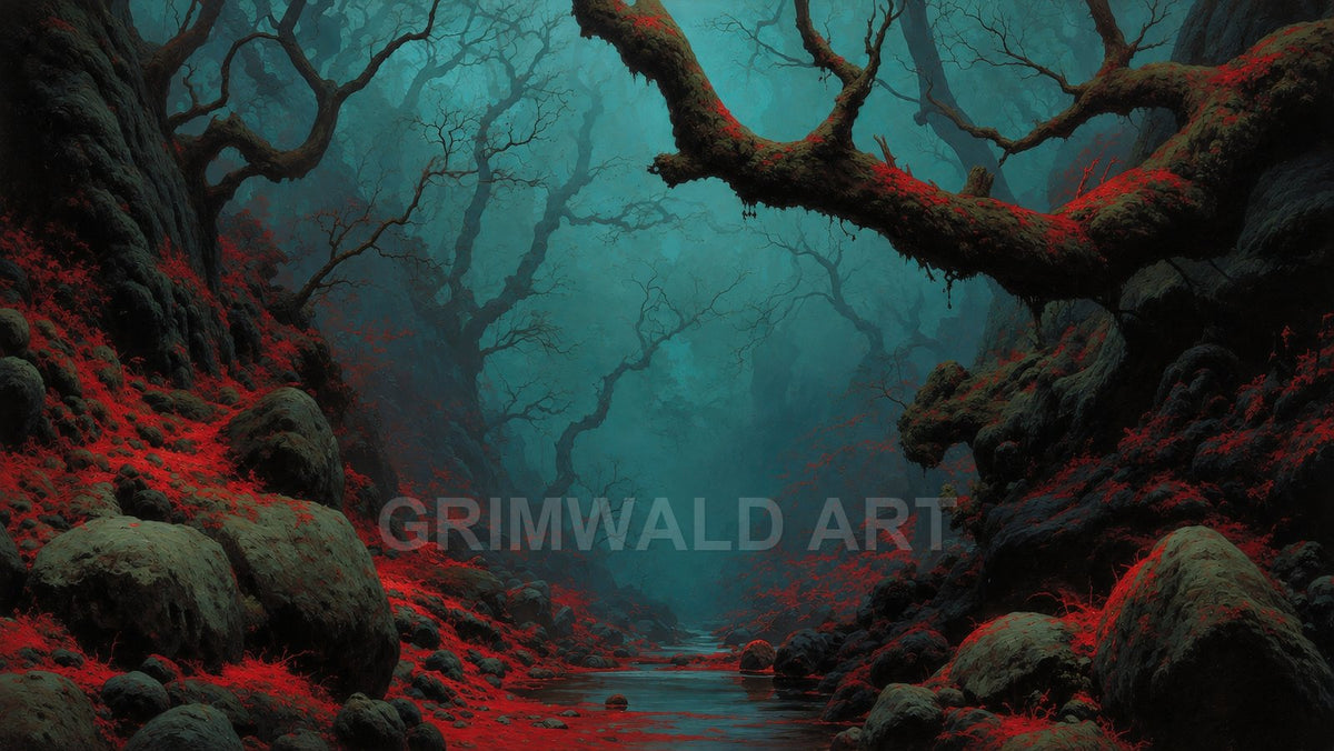 Misty forest ravine with shallow stream, gnarled leafless trees, vivid red undergrowth, mossy boulders, and teal fog creating eerie atmosphere.