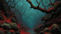 GRID THUMBNAIL — Misty forest ravine with shallow stream, gnarled leafless trees, vivid red undergrowth, mossy boulders, and teal fog creating eerie atmosphere.