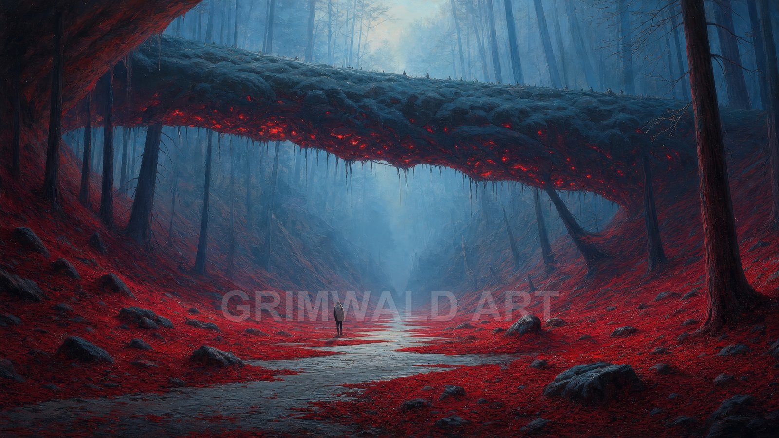 A misty blue forest ravine carpeted with red leaves, a glowing rocky arch overhead, and a lone figure standing on the winding path.