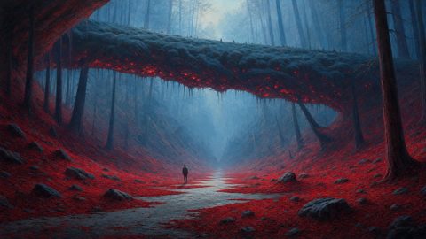 GRID THUMBNAIL — A misty blue forest ravine carpeted with red leaves, a glowing rocky arch overhead, and a lone figure standing on the winding path.