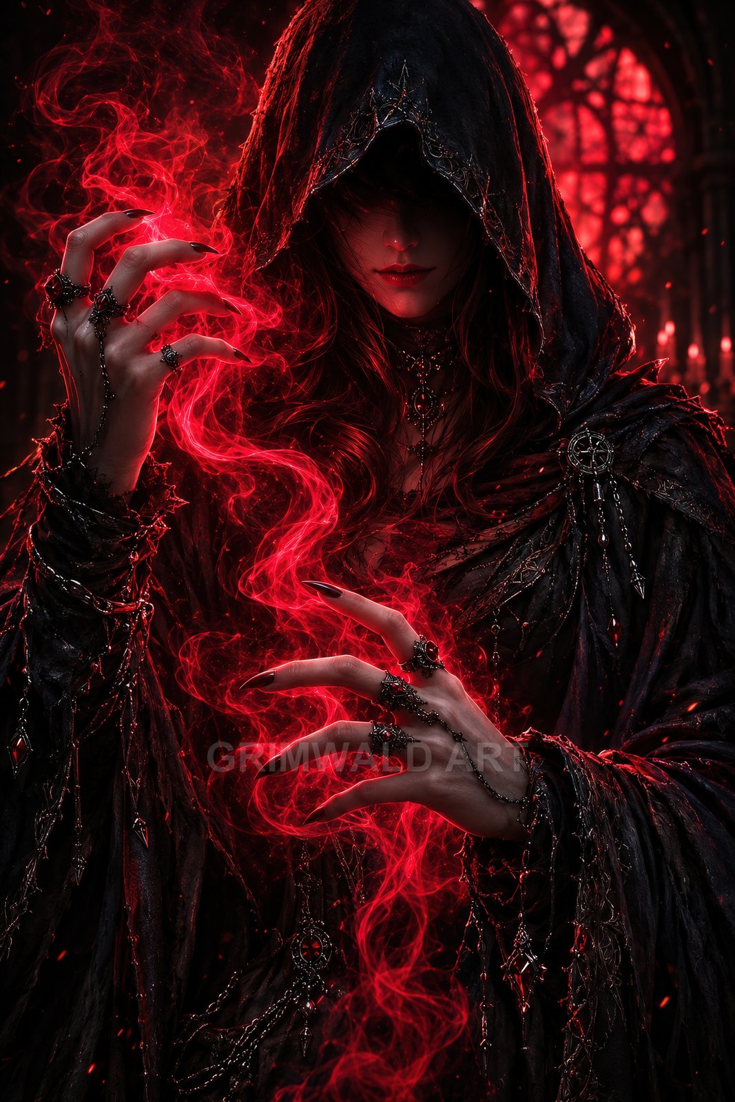 Hooded female witch in dark robes conjures swirling red magic in a gothic cathedral interior, candles glowing around ornate jewellery.