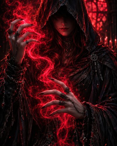 GRID THUMBNAIL — Hooded female witch in dark robes conjures swirling red magic in a gothic cathedral interior, candles glowing around ornate jewellery.