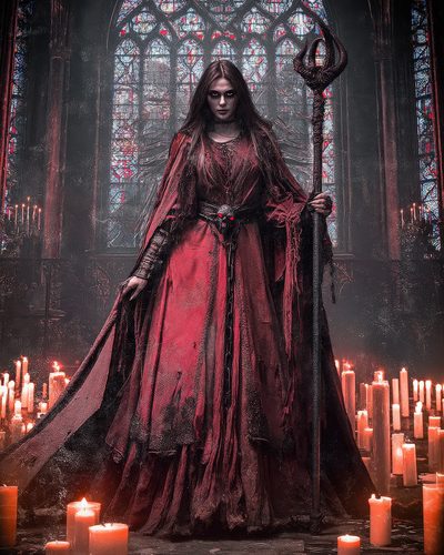GRID THUMBNAIL — A pale‑eyed woman in tattered red robes stands amid burning candles in a gothic cathedral, gripping a dark spiked staff before stained glass.