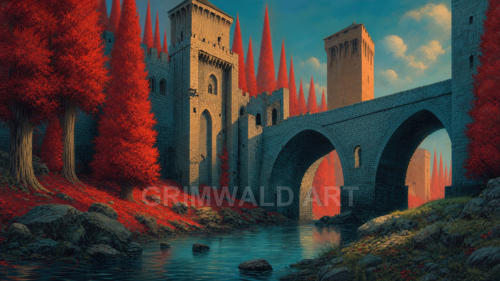 Medieval stone castle with arched bridge spanning a calm river, flanked by vivid red trees under warm golden-hour light and a soft blue sky.