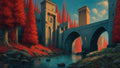 GRID THUMBNAIL — Medieval stone castle with arched bridge spanning a calm river, flanked by vivid red trees under warm golden-hour light and a soft blue sky.