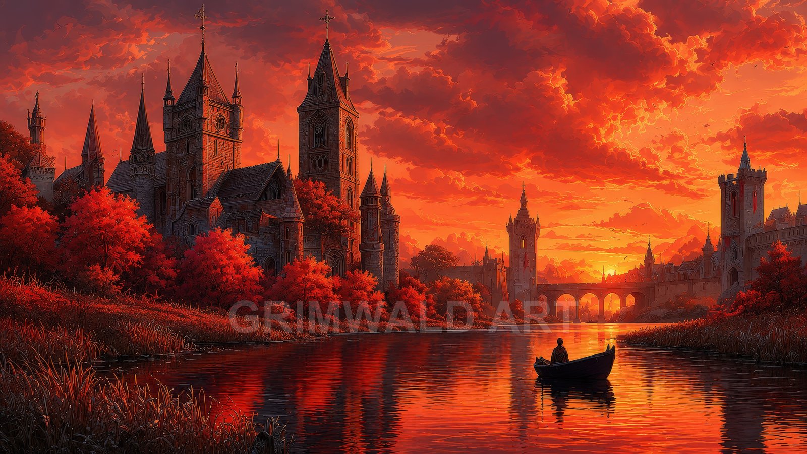 Medieval fantasy castle with tall spires beside a calm river at fiery sunset, autumn trees glowing red and a lone boat drifting.