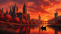 GRID THUMBNAIL — Medieval fantasy castle with tall spires beside a calm river at fiery sunset, autumn trees glowing red and a lone boat drifting.