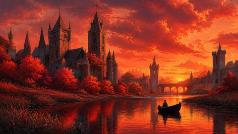GRID THUMBNAIL — Medieval fantasy castle with tall spires beside a calm river at fiery sunset, autumn trees glowing red and a lone boat drifting.