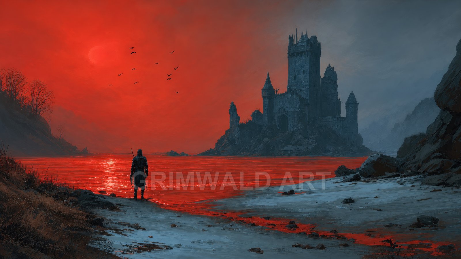 Gothic castle towers across a crimson river under a hazy red sun, with a lone cloaked figure standing on a bleak, frost-dusted shore.