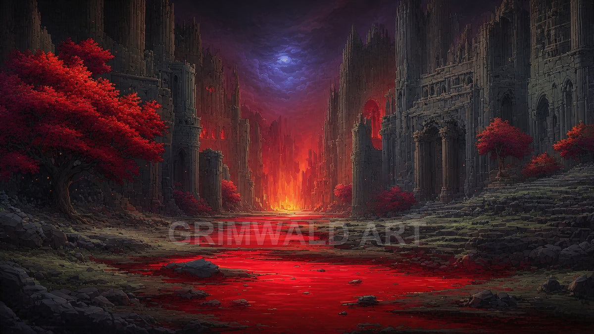 Dark ruined city with gothic spires flanking a glowing crimson river, red-leaved trees and a blazing inferno beneath a stormy moonlit sky.