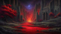 GRID THUMBNAIL — Dark ruined city with gothic spires flanking a glowing crimson river, red-leaved trees and a blazing inferno beneath a stormy moonlit sky.