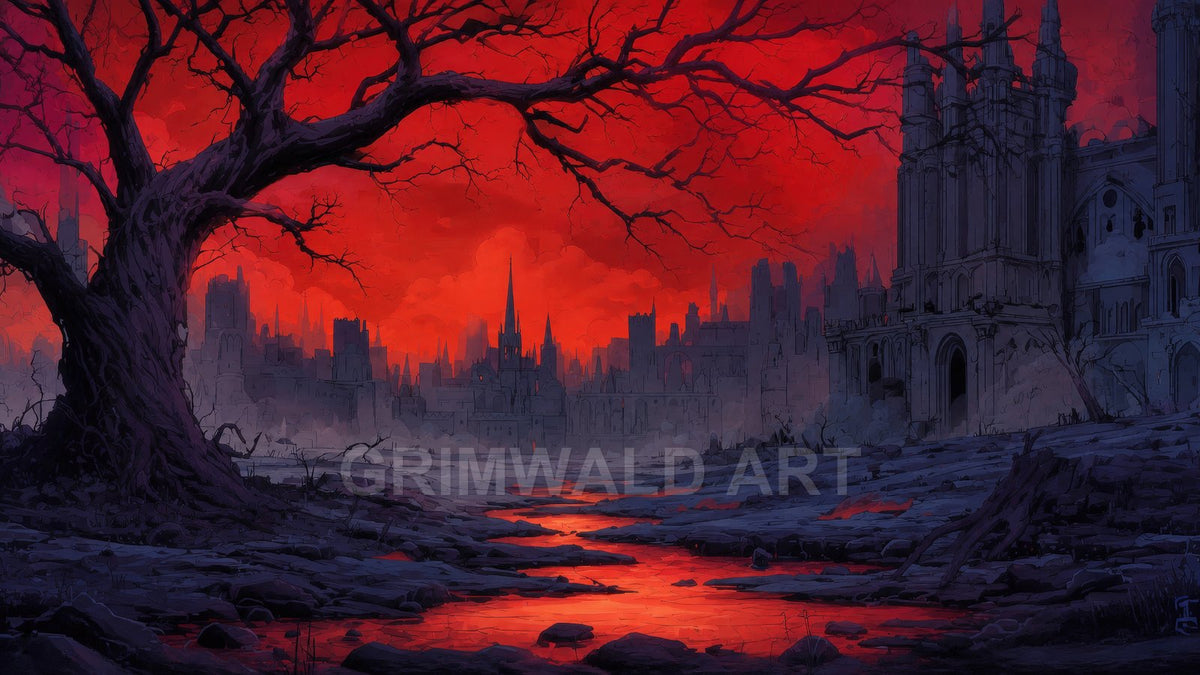 Ruined gothic city beneath a crimson sky, a twisted leafless tree in foreground and a glowing red river winding through barren rocks.