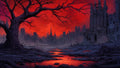 GRID THUMBNAIL — Ruined gothic city beneath a crimson sky, a twisted leafless tree in foreground and a glowing red river winding through barren rocks.