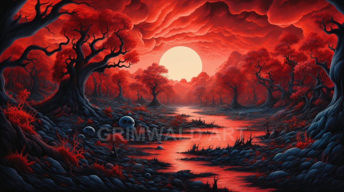 Surreal red forest with twisted dark trees and a giant pale sun above a reflective crimson river winding through rocky ground under heavy clouds.