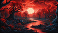 GRID THUMBNAIL — Surreal red forest with twisted dark trees and a giant pale sun above a reflective crimson river winding through rocky ground under heavy clouds.