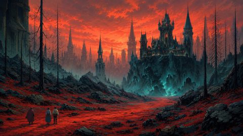 GRID THUMBNAIL — Gothic castle on a jagged cliff above a red, rocky valley and leafless trees under a fiery sunset sky, with three distant travellers.