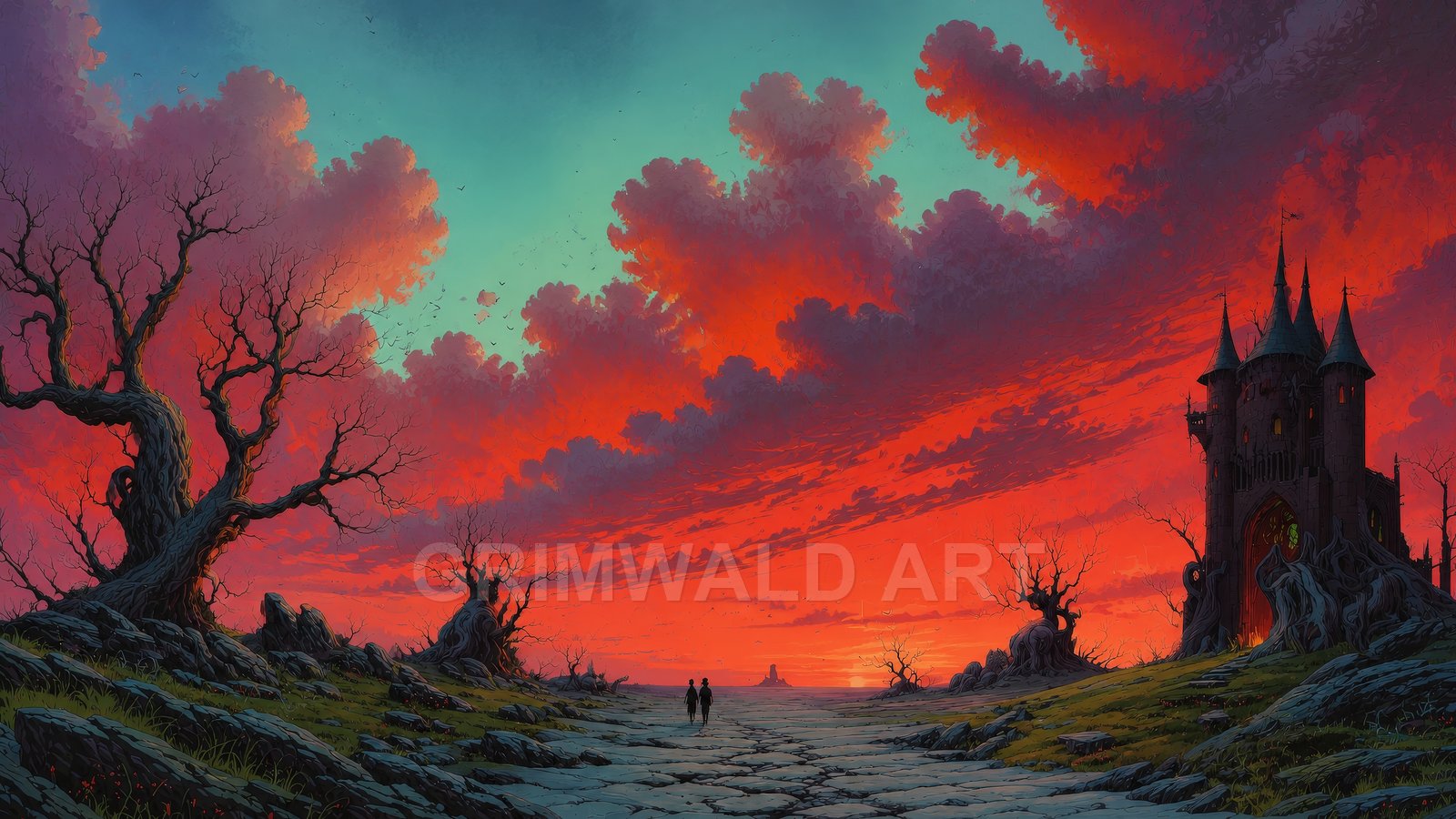 Cracked stone road through gnarled trees leads to a gothic castle beneath vast crimson sunset clouds and turquoise sky, with two distant travellers.