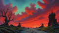 GRID THUMBNAIL — Cracked stone road through gnarled trees leads to a gothic castle beneath vast crimson sunset clouds and turquoise sky, with two distant travellers.