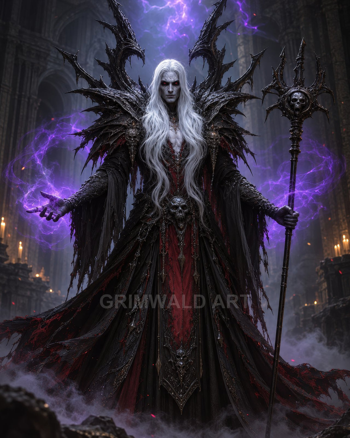 A pale, long-haired necromancer in spiked black armour conjures purple energy, wielding a skull-topped staff inside a candlelit gothic cathedral.