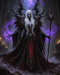 GRID THUMBNAIL — A pale, long-haired necromancer in spiked black armour conjures purple energy, wielding a skull-topped staff inside a candlelit gothic cathedral.